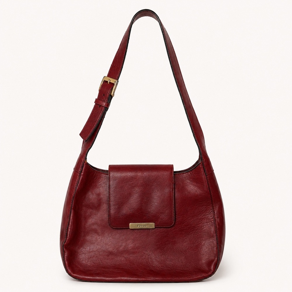 Vintage Fossil Burgundy Leather Shoulder Bag Hobo Flap Adjustable Strap Dark Red